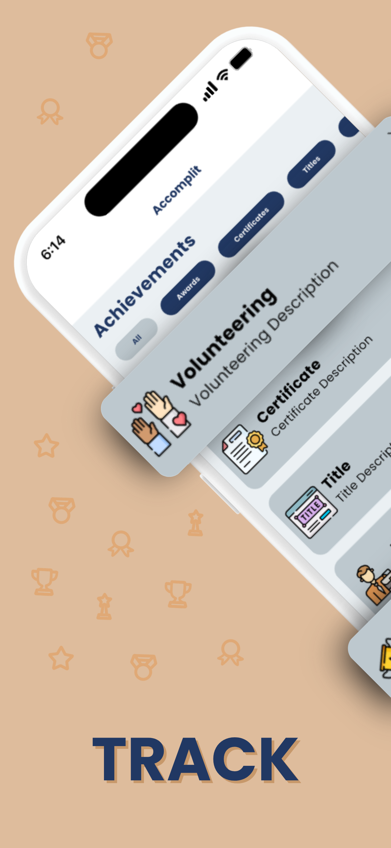 Accomplit achievements list with filter chips for awards, certificates, and titles. Captioned Track.