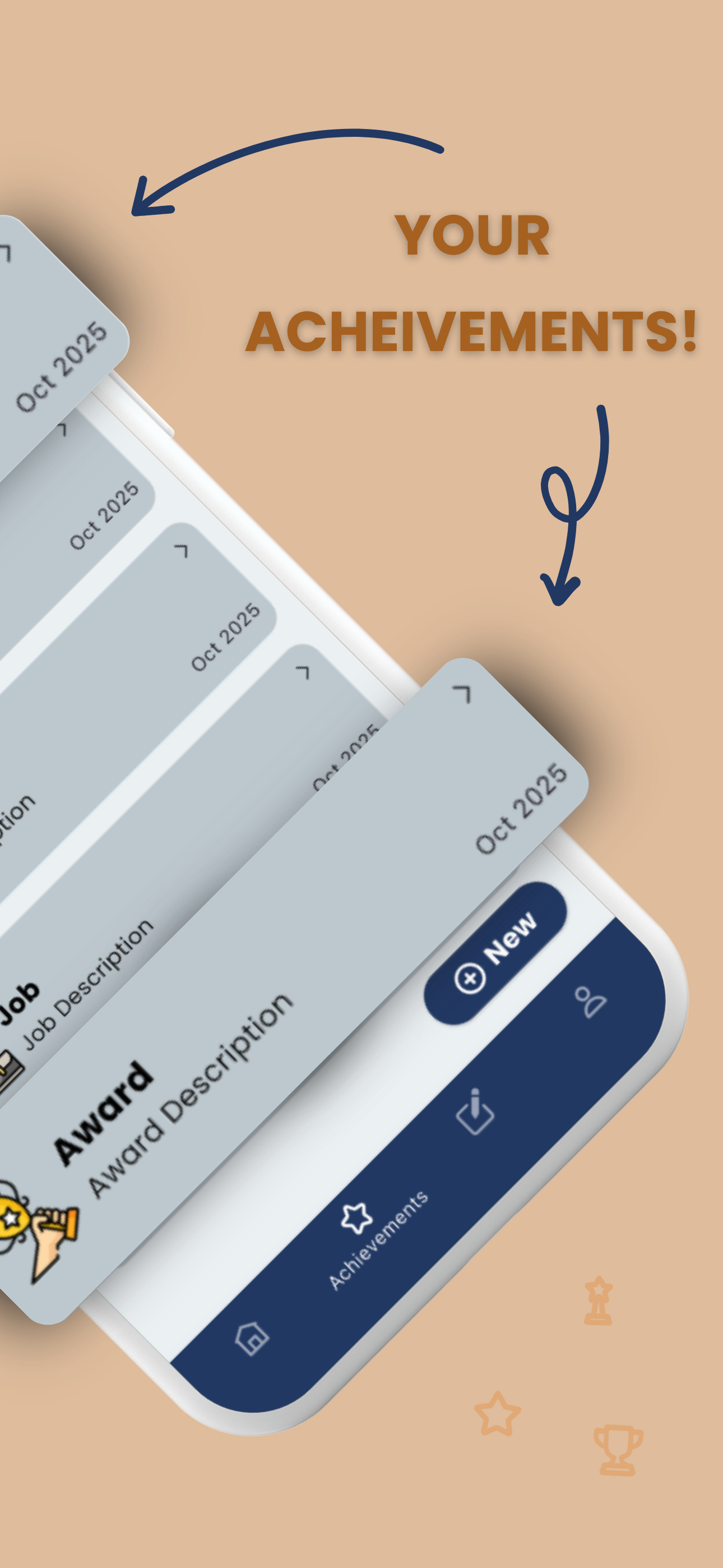 Dated achievement cards for a job and an award, above the app's bottom navigation bar.