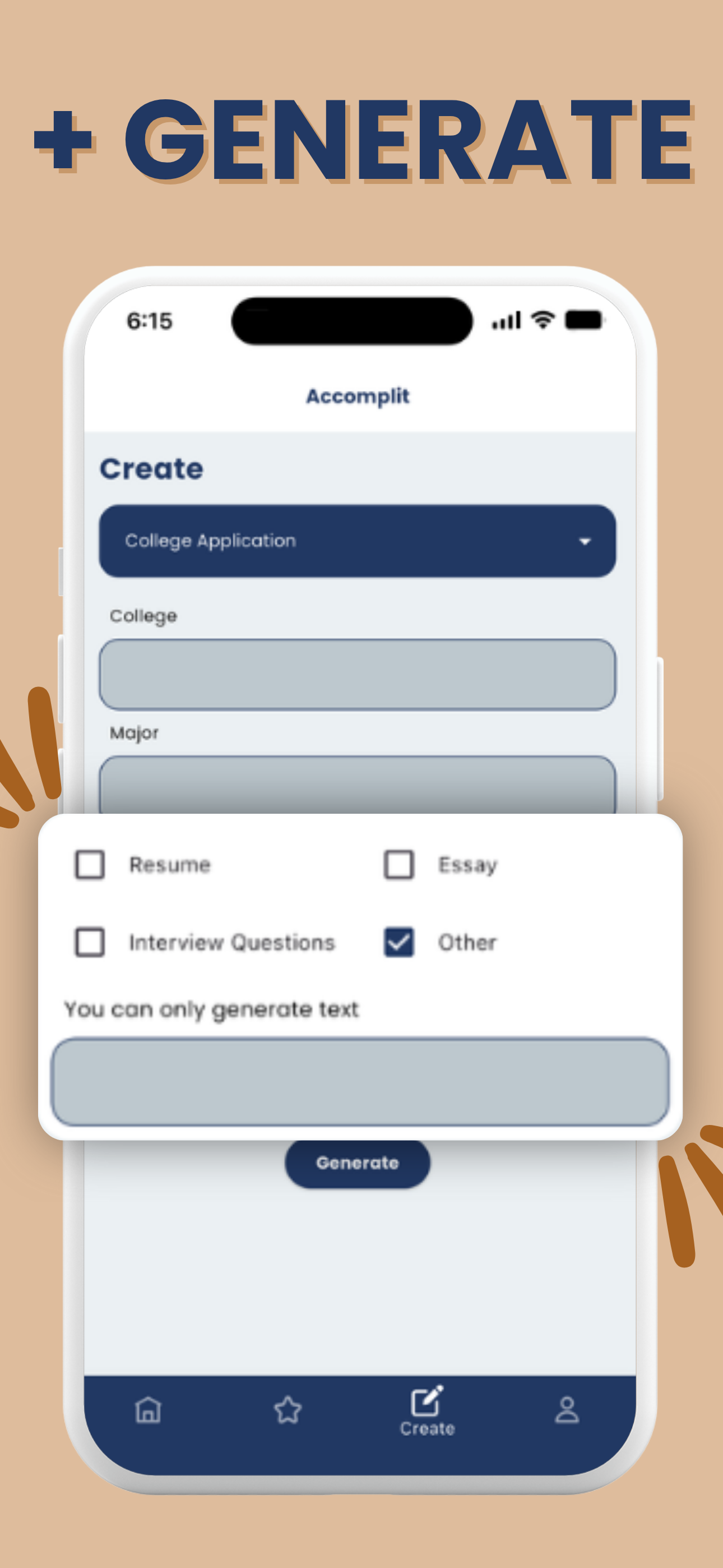 Create screen with checkboxes for resume, essay, and interview questions above a Generate button.